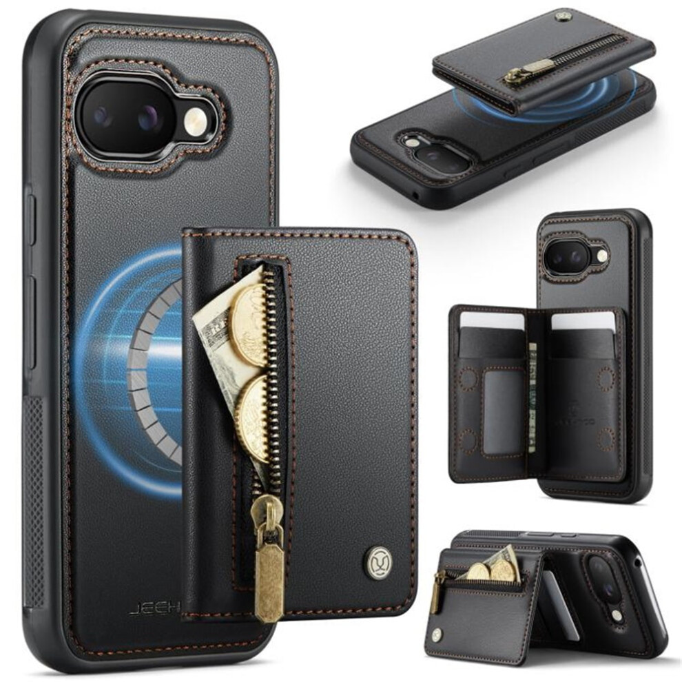 Pixel 9A Case Compatible With Magsafe: 2-In-1 Pu Leather Wallet With Rfid Blocking, Zipper Cash Pocket & Kickstand Â Black 9418476712999