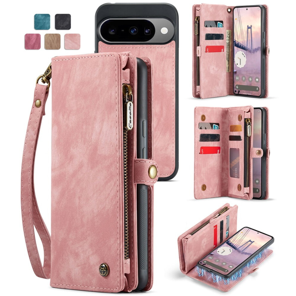 Caseme Leather Case For Google Pixel 10/10 Proâ2-In-1 Detachable Wallet, 8-Card Holder, Zipper Bills Slot, Magnetic Shockproof Flip Cover, Pink 9193271856108
