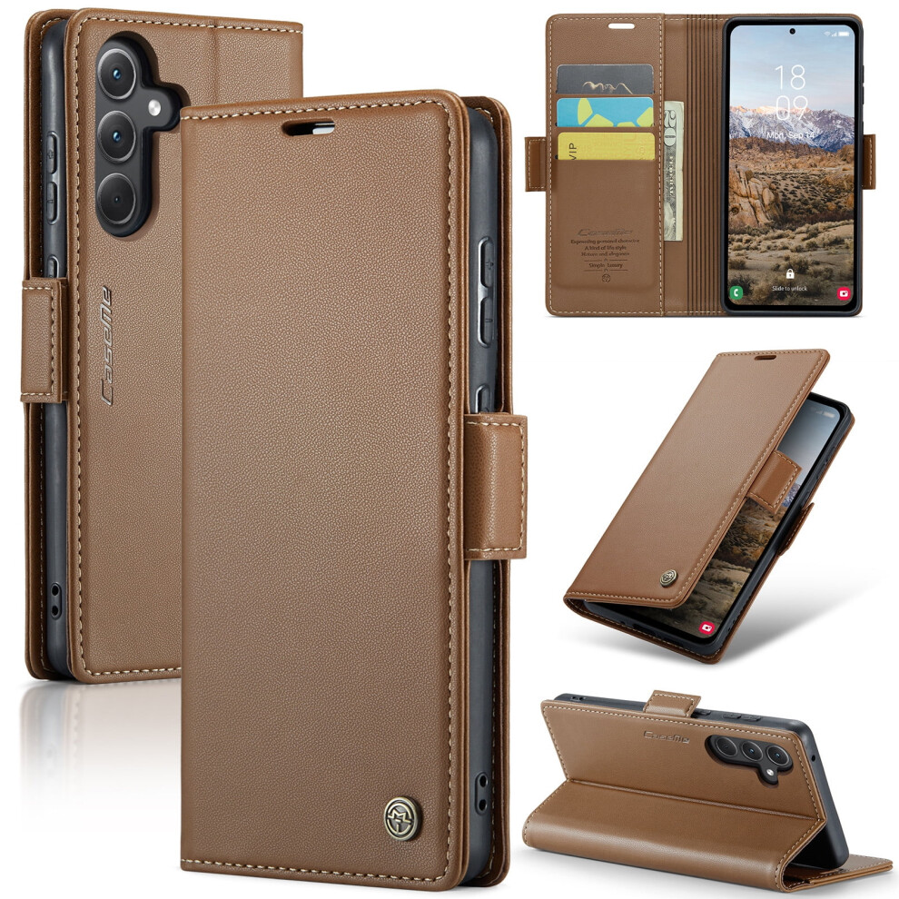 Caseme Leather Wallet Case For Compatible With Samsung Galaxy A35 5G – Rfid Blocking, Magnetic Clasp, Kickstand, Brown 9418476715532