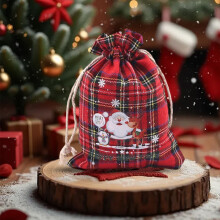 Sac à cordon en coton à carreaux rouges de Noël, réutilisable, pour biscuits, bonbons et friandises, idéal pour les fêtes et les cadeaux
