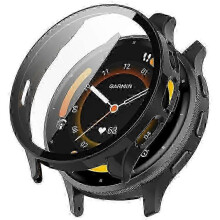 (Black) Full Coverage Hard PC Case with Tempered Glass Screen Protector for Garmin Venu 3S Watch, Clear Protective Cover