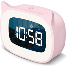 (Pink) Kids Alarm Clock with Night Light & 18 Ringtones, Rechargeable Cute Cat Ear Digital Clock for Boys Girls Bedroom