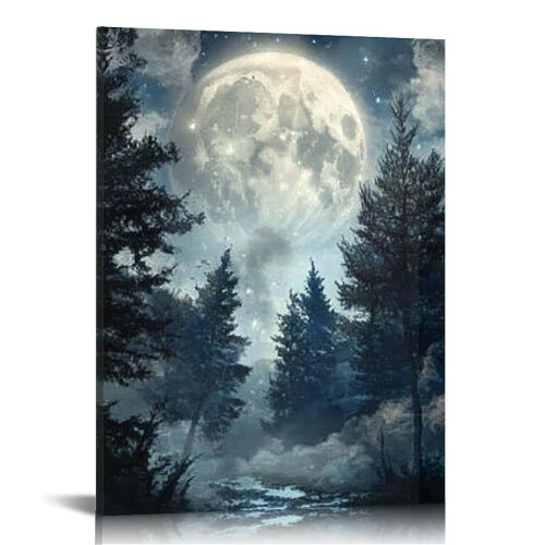 Tableau sur toile Mountain Moon, impression moderne de forêt et de lac bleu