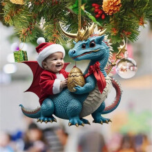 Christmas Tree Decor: Santa with Blue Dragon & Dino Acrylic Ornaments – Holiday Hanging Pendants, Compatible with Xmas Trees