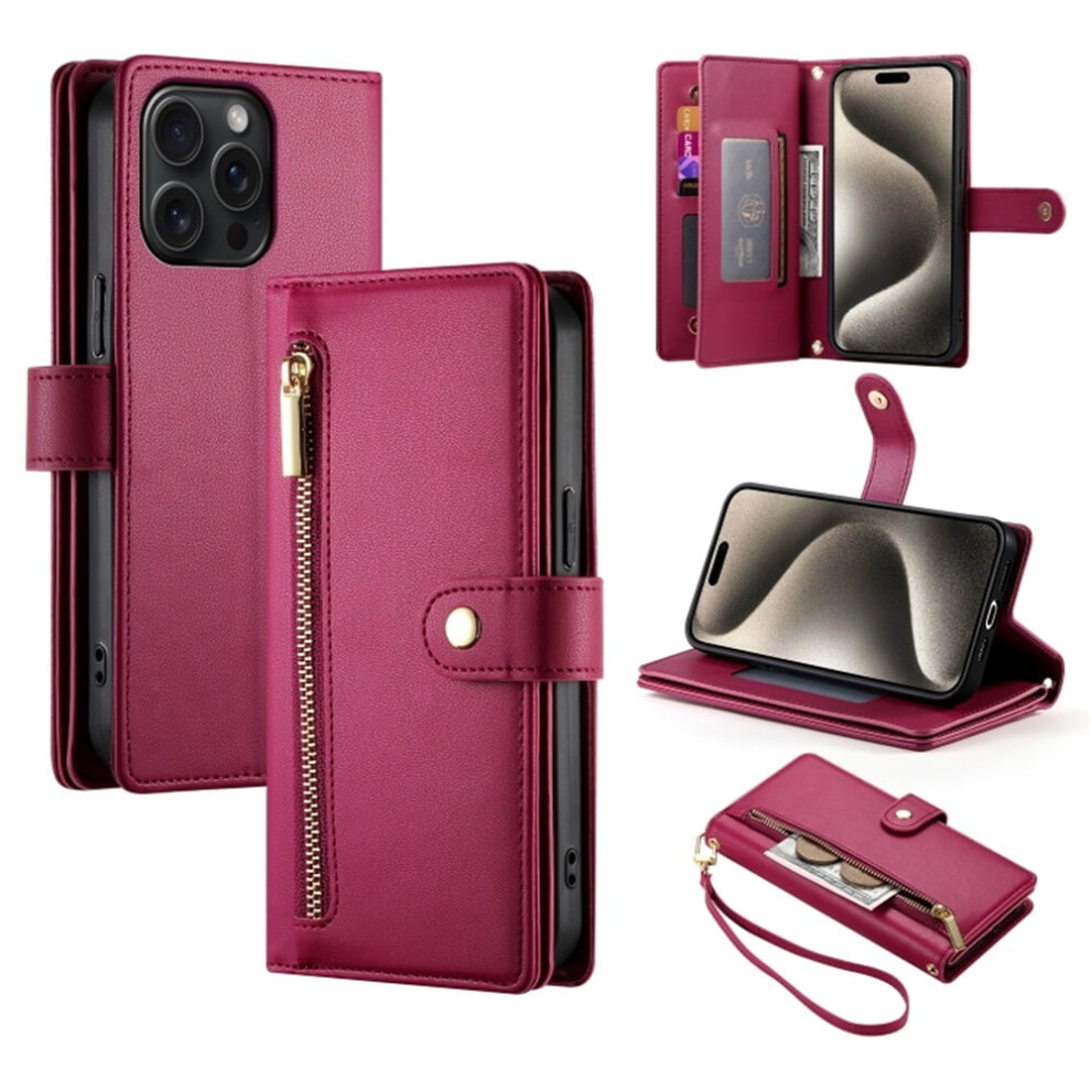 Leather Wallet Case For Iphone 15 Pro MaxâMulti-Card Slots, Zipper Pocket, Lanyard Strap, Wristlet, Compatible With Iphone 15 Pro Max Red 9152228553149
