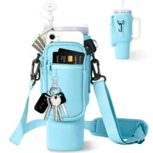 Insulated Water Bottle Carrier Bag with Phone Pocket, Adjustable Strap, Compatible with 30/40oz Cups – Blue