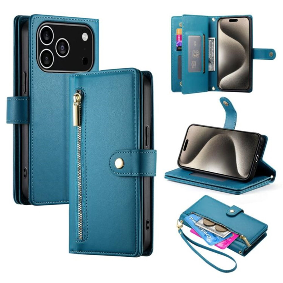 Leather Wallet Case For Iphone 17 Pro 6.3" Â Multi-Card Slots, Zipper Pocket, Lanyard Strap, Compatible With Iphone 17 Pro Blue 9152228552661