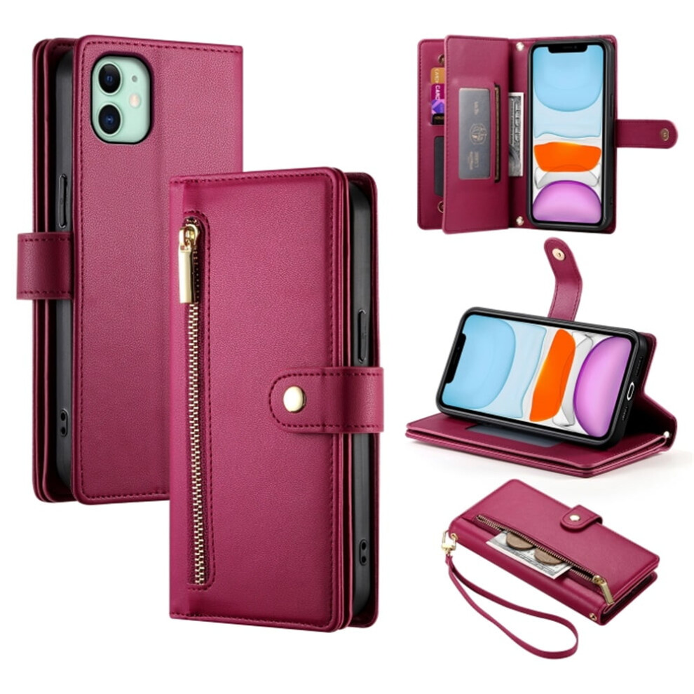 Leather Wallet Case For Iphone 11 (6.1"), Multi-Card Slots, Zipper Pocket, Lanyard Strap, Wristlet Â Compatible With Iphone 11 Red 9418476714290