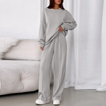Women's Fall Casual 2-Piece Set Long Sleeve Hoodie & Wide Leg Pants Tracksuit Light Gray M