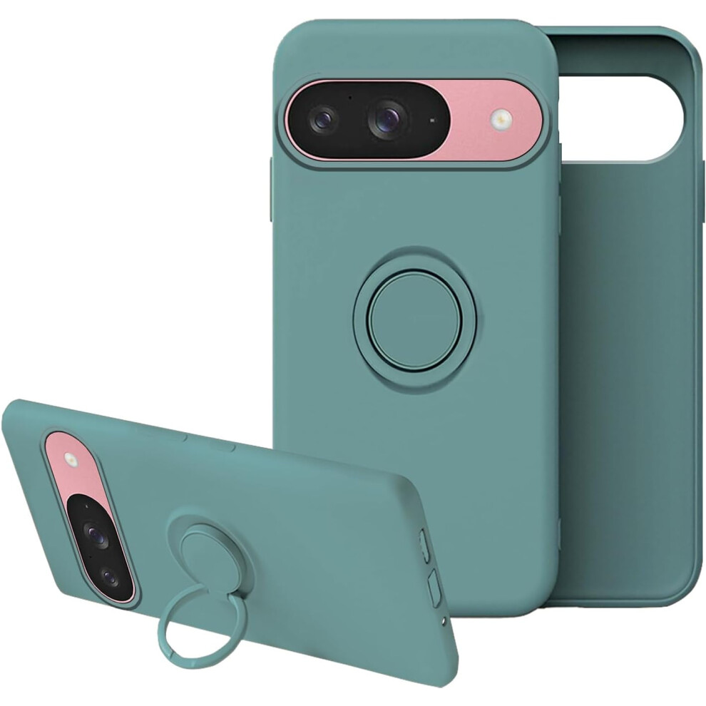 Compatible With Google Pixel 9 Case Â Dark Silicone Liquid Case With Ring Kickstand, Soft Microfiber Lining & Shockproof Protection Green 9170372159239