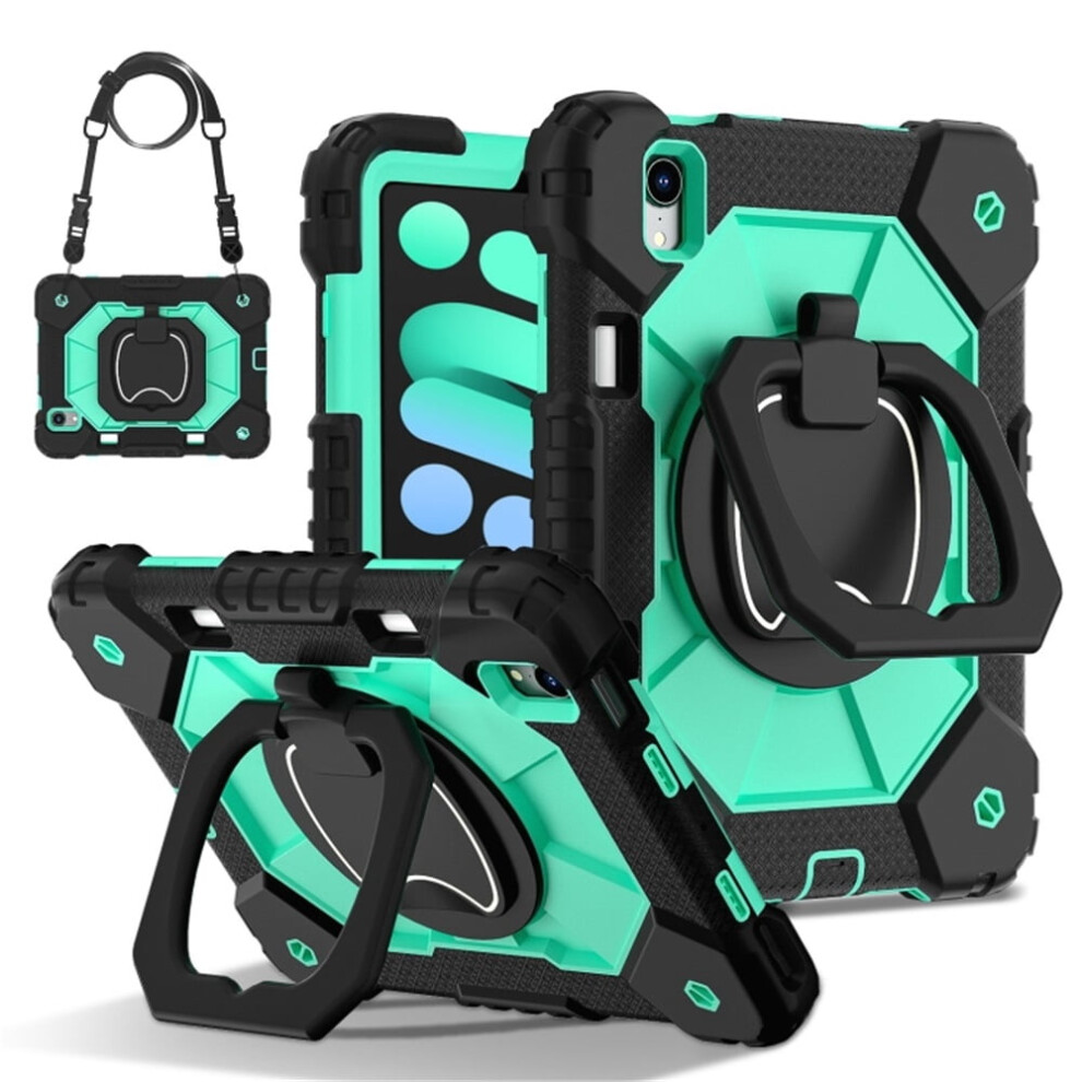 Heavy Duty Shockproof Case For Ipad Mini 2024 / Mini 6: Anti-Drop Silicone+Pc, 360 Rotating Stand, Shoulder Strap, Green 9130661950916