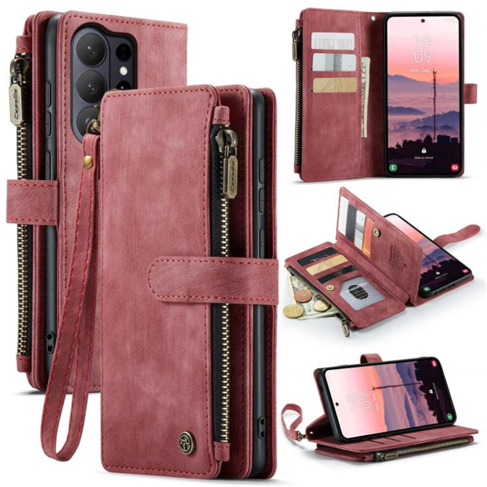 Caseme Wallet Case For Samsung Galaxy S26 Ultra 5GâPu Leather, Magnetic Flip, Lanyard, 10-Card Holder & Zipper, Red 9130661950749
