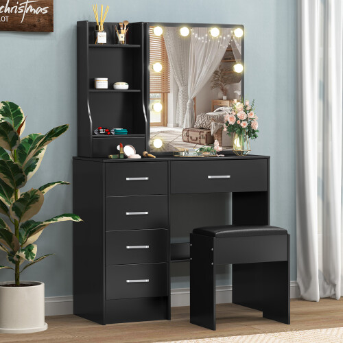 Black Vanity Table with LED Lights Mirror Dresser 1