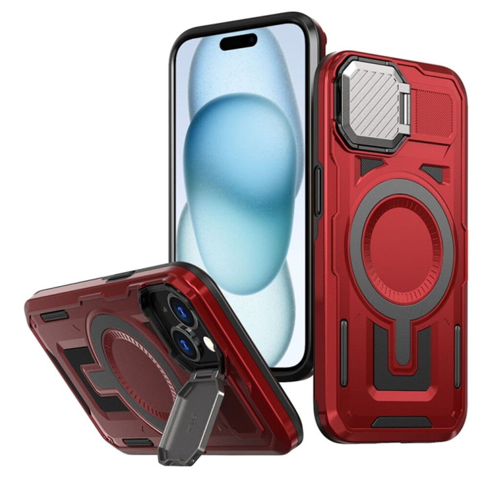 Rugged Magsafe Case For Iphone 15 Plus (6.7") – Military-Grade, Adjustable Metal Lens Cover & Stand, Red 9152228553484