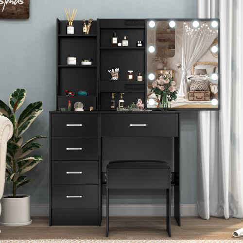 Black Vanity Table with LED Lights Mirror Dresser