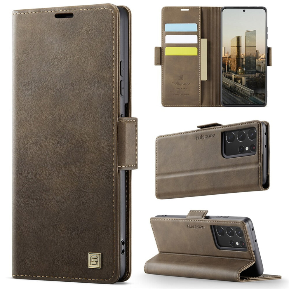 Autspace Magnetic Wallet Phone Case For Compatible With Samsung Galaxy S21 Ultra Â Shockproof Leather Flip Case With Card Holder, Brown 9130661950817