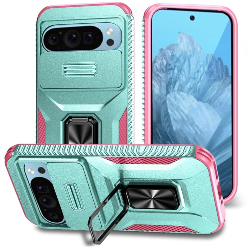 Slim Shockproof Hybrid Case For Google Pixel 9 / 9 Pro 6.3", With Slide Camera Cover & Rotated Ring Kickstand, Military-Grade, Grey Green Green,Grey 9170372158775