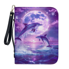 Moon Dolphin Galaxy PU Leather Bible Cover – Large 2XL, Lightweight Protective Carrier with Detachable Wristlet Strap, Compatible with Large Bibles