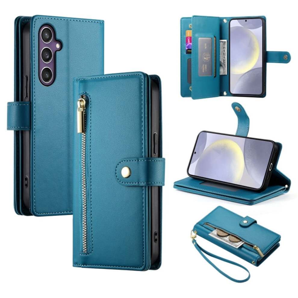 Wallet Case For Samsung Galaxy S25+ 5G Â Leather With Multi-Card Slots, Zipper Pocket, Lanyard & Wristlet Blue 9130661946872
