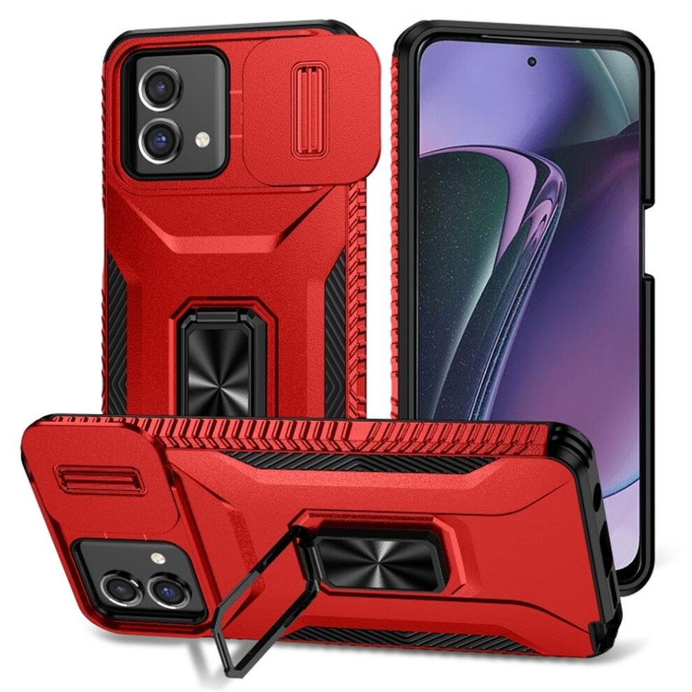 Slim Shockproof Hybrid Case For Motorola Moto G Stylus 5G 2023 (6.6"), With Slide Camera Cover & Rotated Ring Kickstand, Military-Grade, Red 9165521662609