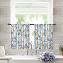 Sheer Curtains Retro Blue White Flowers Grey Stripe 52x54