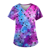 Neck Printed Scrub Tops, Plus Size Scrub Tops with Pockets Short Sleeve Uniforms for Women, Stretchy Medical Nursing Tops Wrinkle Resistant, Print