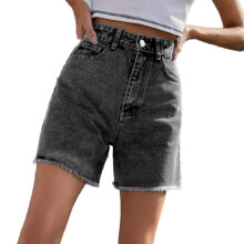Shorts jeans femininos com barra desfiada, cintura alta, elásticos e rasgados, confeccionados em tecido macio e respirável, estilo bermuda com