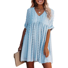 Schweizer Pünktchen-Minikleid für Damen, vollständig gefüttert, leichter Chiffonstoff, fließendes, locker sitzendes Kleid mit Rüschensaum,