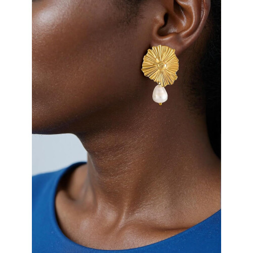 18K Gold Plated Floral Pearl Stud Earrings 2