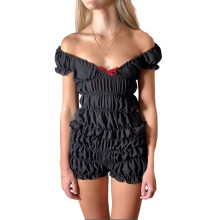 (L, Black) Women's Summer 2 Piece Outfits Short Sleeve Ruched Tops Solid Color/Plaid Shorts Set