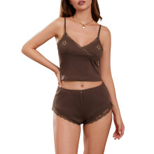 (XL, Dark Brown) Women's Summer Lounge Outfits Lace Trim Cami Tops with Elastic Waist Shorts Set Sleepwear