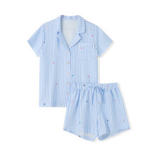 (XL, Blue) Women's Summer Shorts Outfits Stripe Print Short Sleeve Lapel Tops with Elastic Waist Shorts Set Streetwear