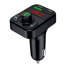 Transmissor FM com Bluetooth para chamadas em modo mãos-livres, streaming de música, duas portas USB para carregamento, reforço de graves,