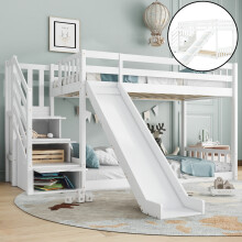 (3ft, White) Bunk Bed with Storage Stairs & Slide, Solid Pine Wood Frame Children Bed
