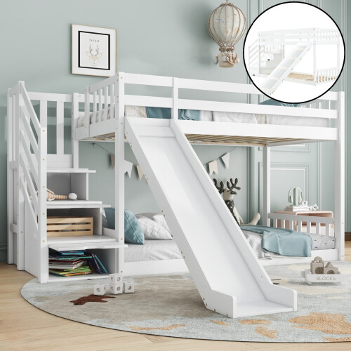 (3ft, White) Bunk Bed with Storage Stairs & Slide, Solid Pine Wood Frame Children Bed