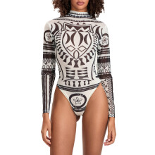 (S, Brown) Women Bodysuit, Long Sleeve Printed Mock Neck Triangle Bottom Romper, Wild Fashion Bodycon Jumpsuit