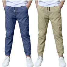 2 Pack Boys Linen Pants Summer Chino Pants Drawstring Trousers Lightweight Athletic Pant Casual Pant School Uniform Khaki 11-12 Years