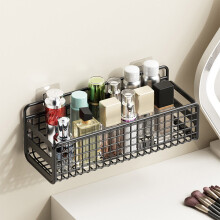 Wall-Mount Hanging Storage Baskets with 2 Hooks – Metal Wire Rack for Kitchen, Bathroom, Shower, Spice Shelf – Black, 1 Pack