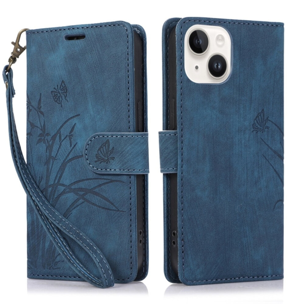 Orchids & Butterflies Embossed Leather Flip Wallet Case With Card Holder & Magnetic Closure, Â Compatible With Iphone 14 Blue 9152228557369