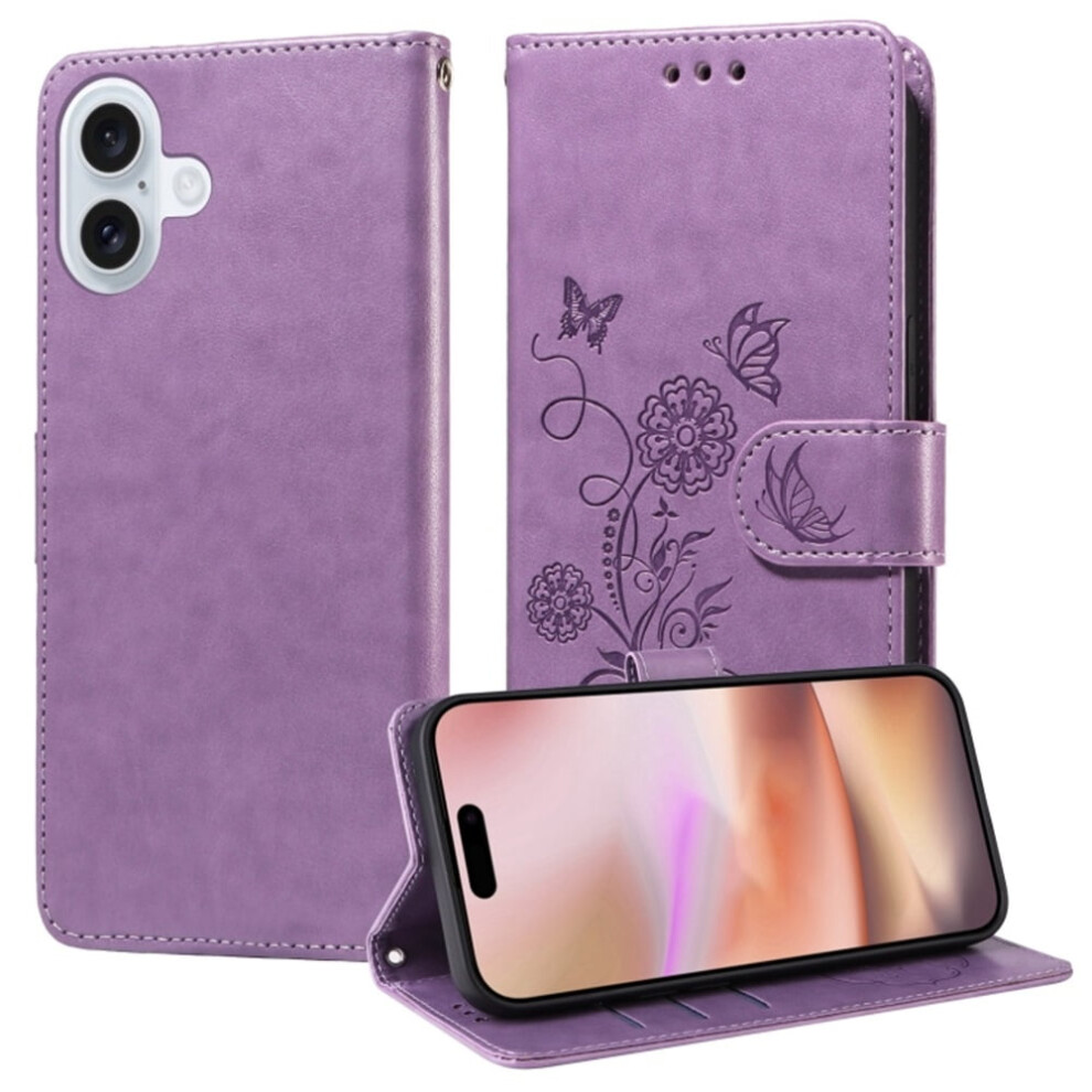 Embossed Butterfly Flower Flip Leather Case For Iphone 16ÂShockproof, With Card Slots, Cash Compartment & Kickstand Purple 9418476720093