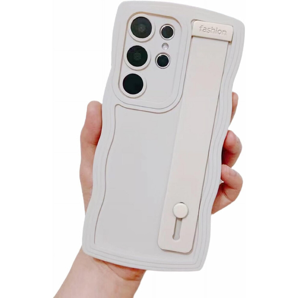 Cute Curly Wave Phone Case With Wrist Strap & Kickstand For Samsung Galaxy S23 Ultra Â Soft Cover With Camera Protection White 9130661954815