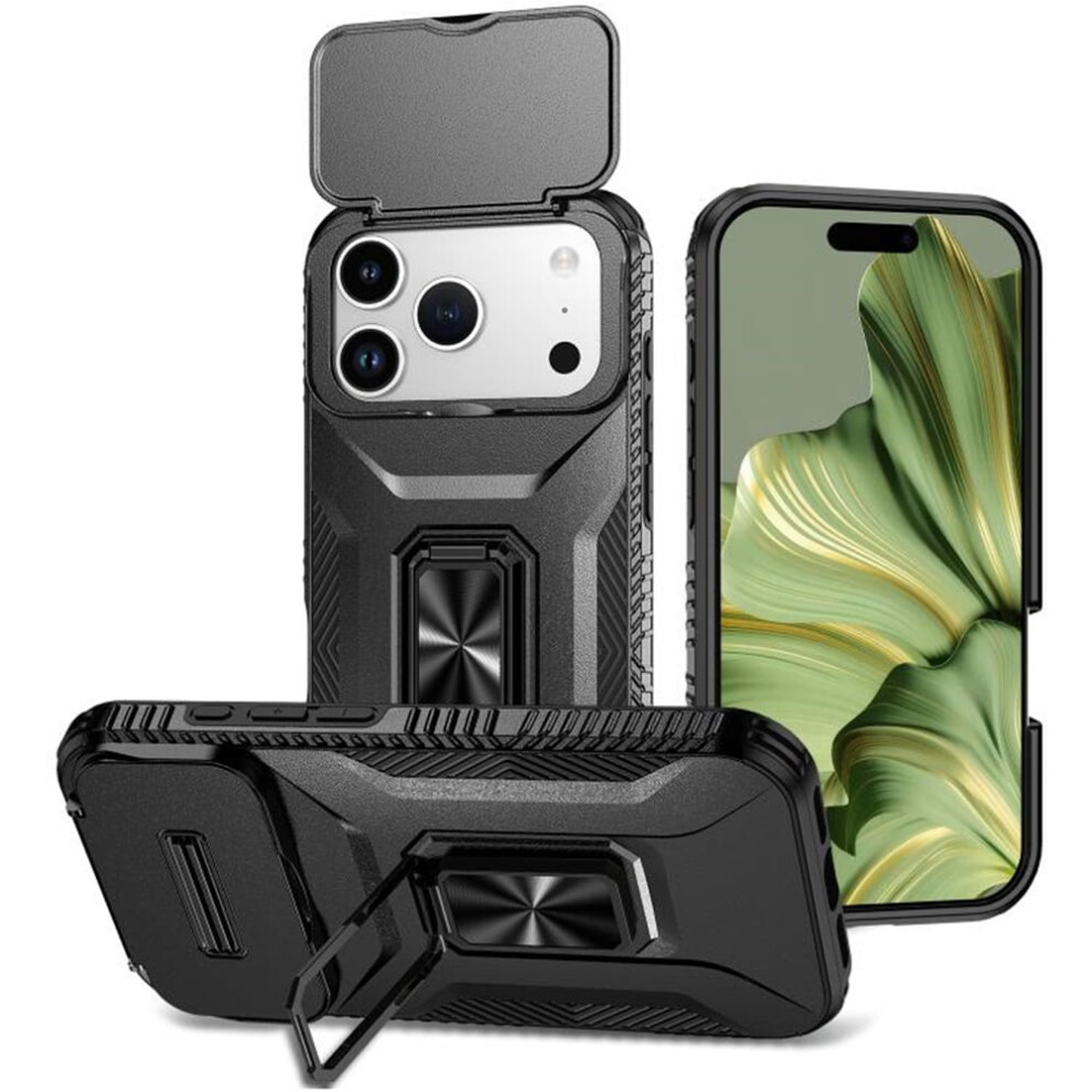 Shockproof Hybrid Case For Iphone 17 Pro: Slim Fit, Slide Camera Cover, Rotating Ring Kickstand, Military-Grade, Black 9485826656562