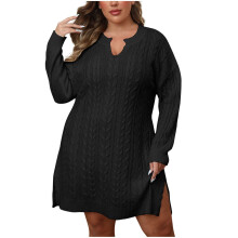 Vestido suéter de talla grande para mujer, cuello en V, manga larga, falda de punto acanalado, holgado, informal, de invierno, estilo jersey corto.