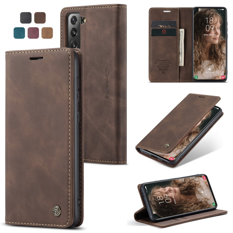 Caseme Leather Flip Wallet Case For Compatible With Samsung Galaxy S21 5GâMagnetic Closure, Card Holder, Kickstand, Shockproof, Coffee Brown 9558633067156