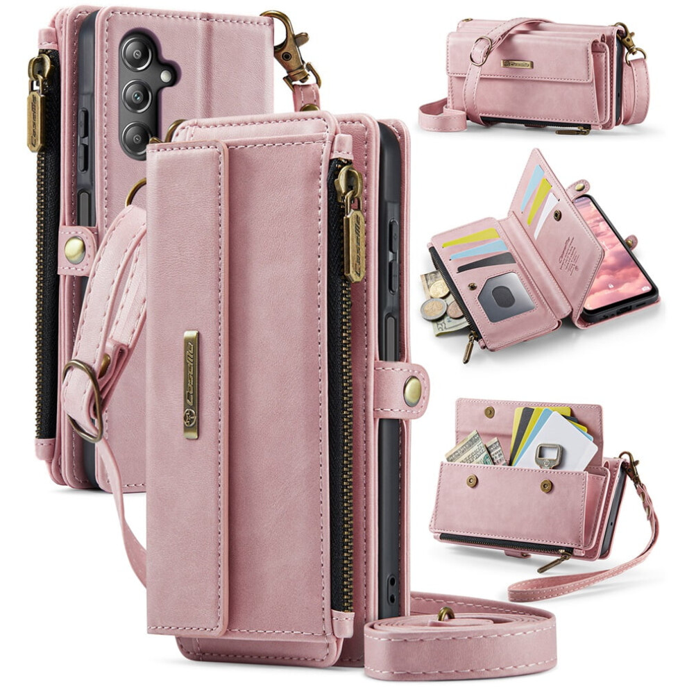 Caseme Wallet Case For Samsung Galaxy A15 Â Rfid-Blocking Pu Leather Flip Cover With Kickstand, Wrist Strap, Zipper & Card Slots, Pink 9558633070224