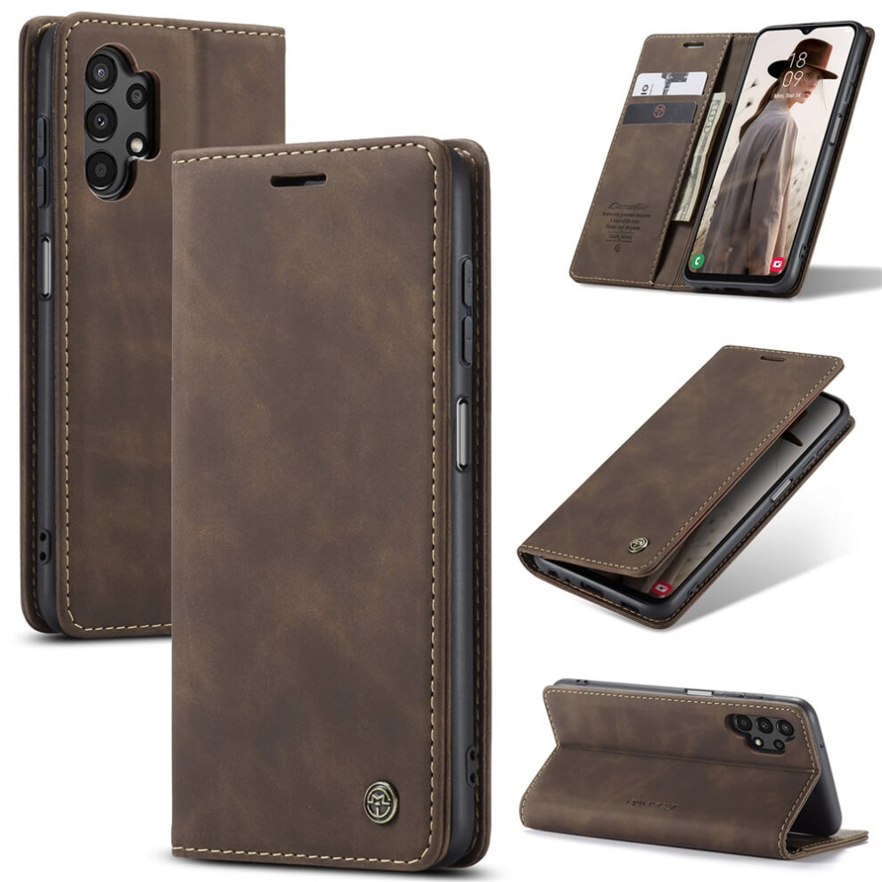 Caseme Leather Flip Wallet Case For Compatible With Samsung Galaxy A13 4GâMagnetic, Card Holder, Kickstand, Shockproof, Coffee Brown 9485826657699