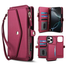 RFID Blocking 2-in-1 Magnetic Wallet Case for iPhone 13 Pro Max – Soft PU Leather, Multi-Card Slots, Zipper Pocket, Detachable Shoulder & Wrist