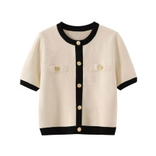 Damesvest met korte mouwen, zomerse ronde hals, knoopsluiting, cropped, gebreid, elegant topje 2025