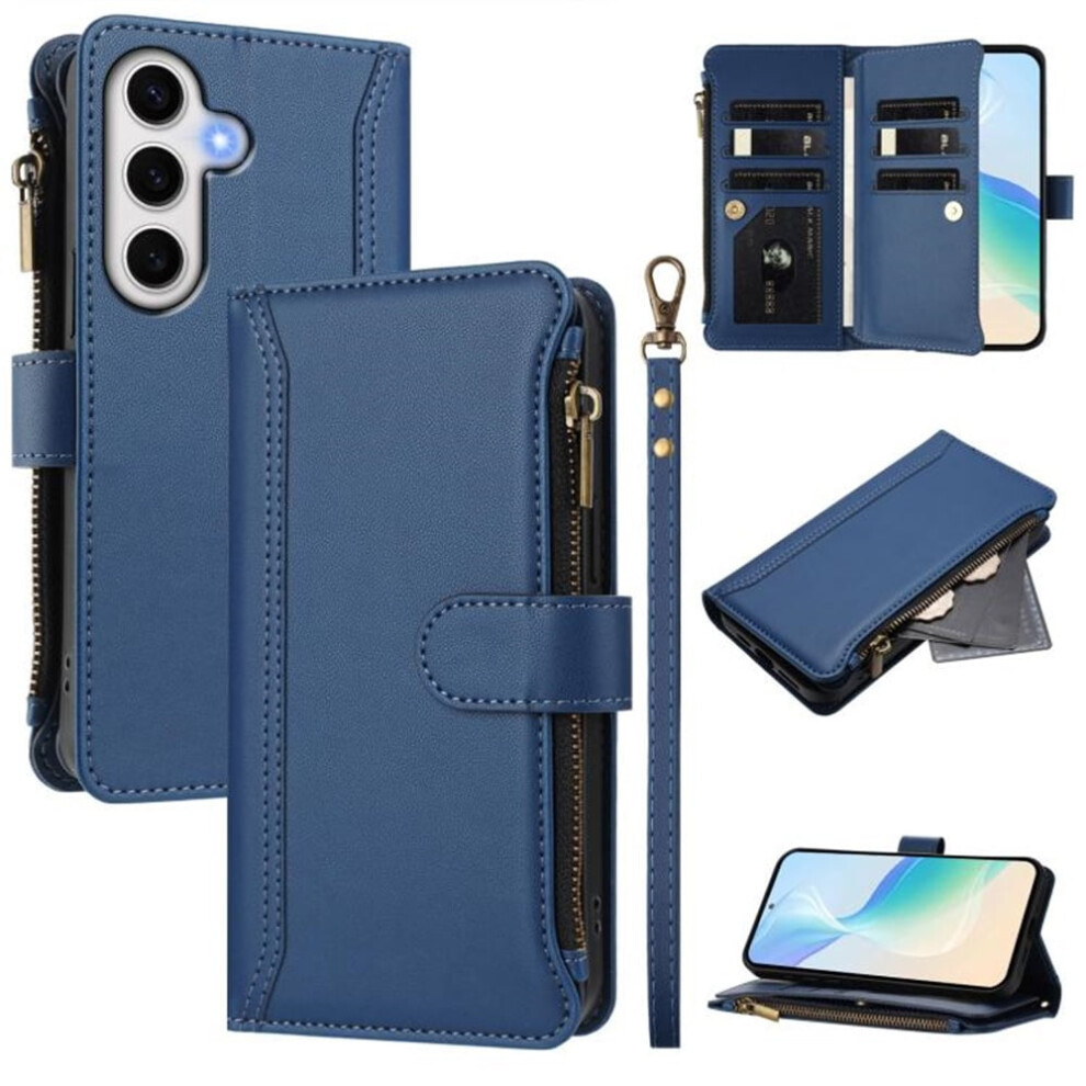Compatible With Samsung Galaxy S24 Fe 5G Pu Leather Magnetic Flip Caseâ9 Card Slots, Zipper Pocket, Detachable Wrist Strap, Shockproof, Dark Blue 9558633067774
