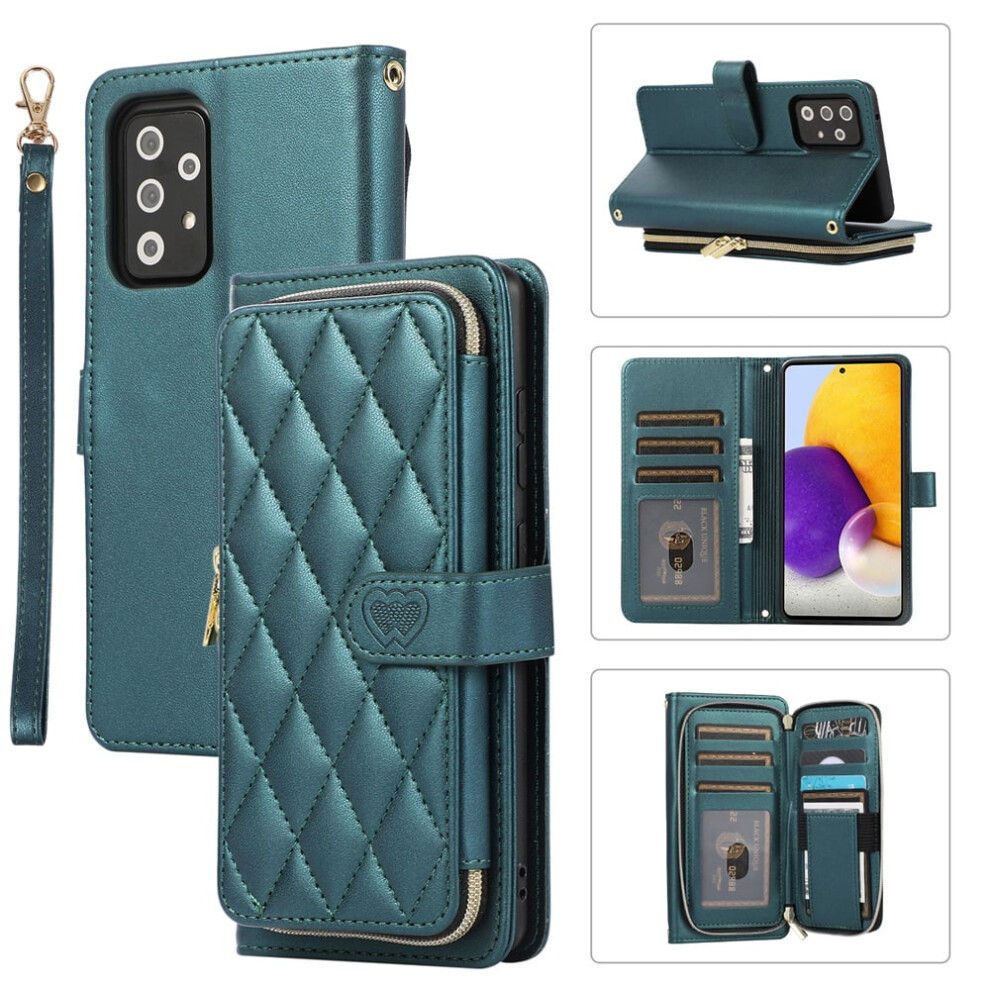 Wallet Case For Samsung Galaxy A72 5G (6.7"), With Wrist/Shoulder Strap, 9 Card Slots, Zipper Purse, Luxury Leather Stand, Checkered Design, Green 9193271858430